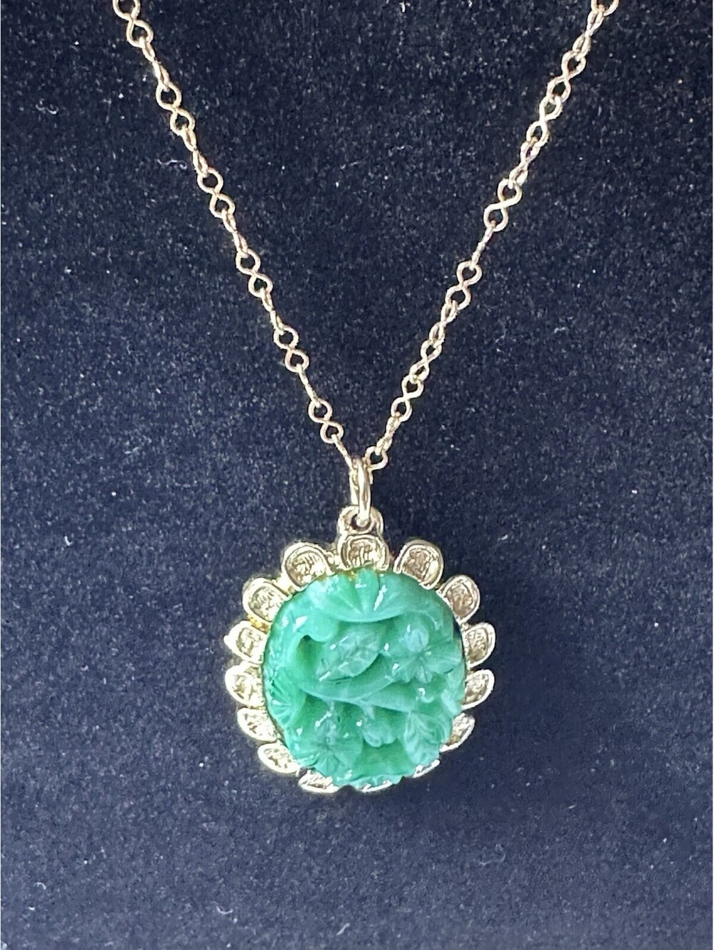 EMMONS Goldtone Faux Jade Vintage Carved Necklace 9” Signed